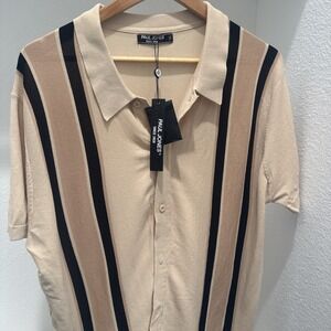 NWT: PJ Paul Jones Shirt Men XL Beige Striped Button Up Collared Short Sleeve